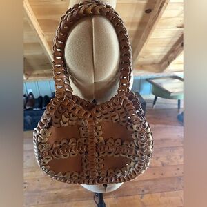 Boho 1970’s woven leather bag. Leather shoulder bag. Vintage purse. Crochet bag